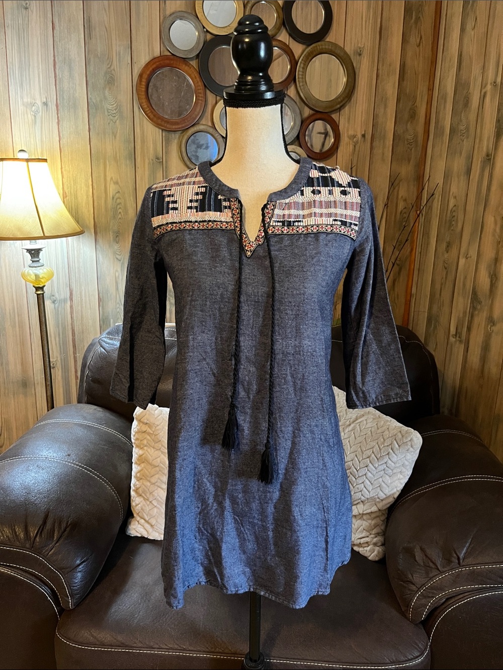 Flying Tomato Boho Chambray Tunic Top/Dress Aztec-Embroidered Front Tassel Tie